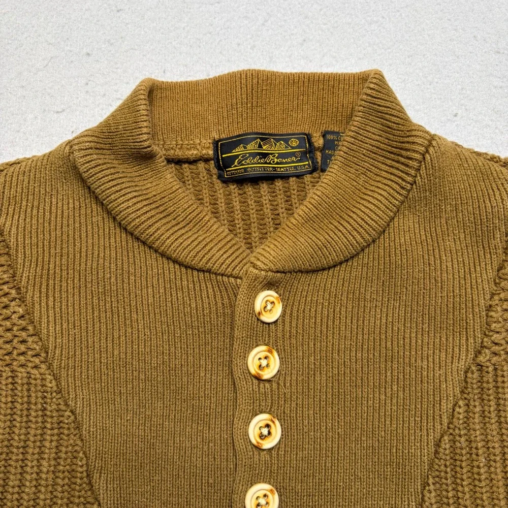 Eddie Bauer Sweater Mens L Brown Vintage Henley Chunky Knit Cotton Shawl Collar
